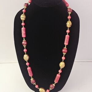 Ethnic Pink and Gold Brass Beaded Long 26" Necklace